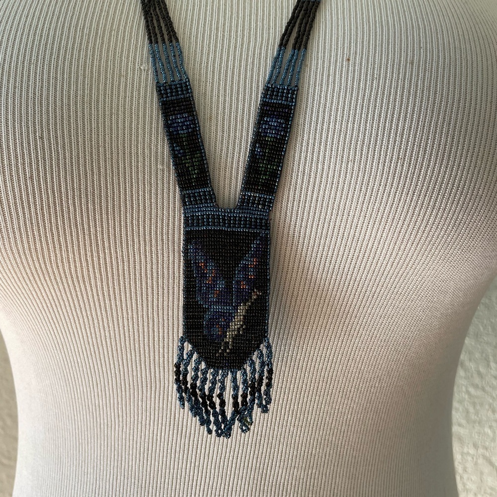 Antique 1920s Flapper Art Deco‎ Micro Beaded Necklace with Butterfly - Picture 4 of 10